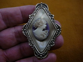 (cred-36) Woman with flower in hair PURPLE oval lady CAMEO brass Pin Pen... - £23.85 GBP