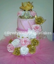 Pink Gold and White Ballerina Tutu Baby Shower 3 Tier Princess Diaper Cake - £96.19 GBP