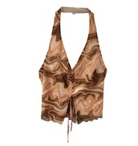 Beige Botany Ruched Halter Top Size S Peach Swirl Pattern Drawstring Festival - £11.93 GBP