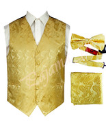 GOLD  XS to 6XL Paisley Tuxedo Suit Dress Vest Waistcoat &amp; Bow tie Hanky  - £20.52 GBP+