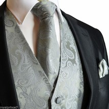 20-D SILVER XS to 6XL Paisley Tuxedo Suit Dress Vest Waistcoat &amp; Neck tie Hanky - £20.13 GBP+