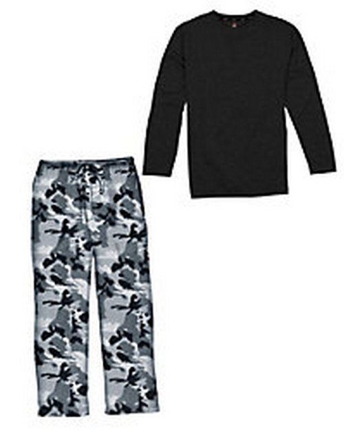 Hanes Mens Jersey Microfleece Sleep Set Top: Black Pant Camouflage Black Grey - £11.65 GBP