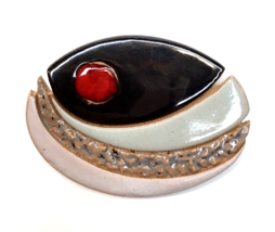 Contemporary Brooch Pin MCM Ceramic &amp; Enamel Artist Signed Erna G  Abstract Oval - $25.00