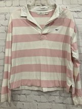 Vineyard Vines Women&#39;s Pink and White Striped Long Sleeve Polo Shirt S Cotton - £17.84 GBP