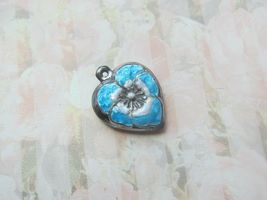Vintage Sterling silver enameled puffy heart charm-AQUA  &amp; WHITE pansy - £17.38 GBP