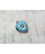 Vintage Sterling silver enameled puffy heart charm-AQUA  &amp; WHITE pansy - $27.00