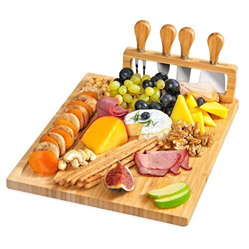 Bamboo Cheese Board& Knife Set-Charcuterie Boards Set & Cheese Platter + Drawers - £37.78 GBP
