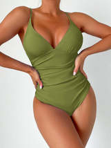 Beach Solid Color Deep V One-Piece Swimsuit - £18.62 GBP