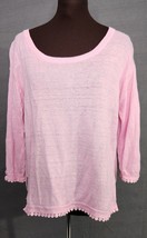 J. Crew Pink Linen Sweater With Pom Pom Trim 3/4 Sleeve Lightweight Boxy... - $18.95