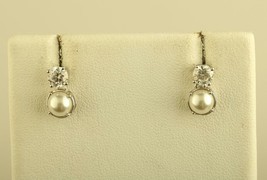 Vintage Sterling Silver VO Drop Pearl &amp; CZ Accent Stud Earrings - £30.07 GBP