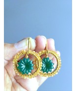 Natural Green Onyx Carving and Yellow Sapphire Gemstone Hoops - $1,645.39 MXN