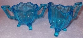 Blue Transparent Glass Large Tulip Style Handle Cream and Sugar Set - £23.45 GBP