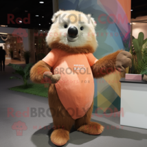 Peach Sloth Bear mascot costume character dressed with a Graphic Tee and Mittens - $1,339.00