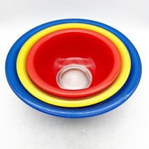 Vtg Pyrex 3 Primary Color Clear Bottom Mixing Bowls Red 322 Yellow 323 Blue 325 - £39.61 GBP