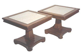 Mid Century Side Tables with Travertine Tops-Pair - $1,399.00