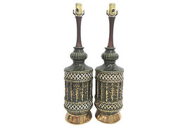 Vintage Mid-Century Olive Green Gilt Ceramic Lamps-A Pair - £385.68 GBP