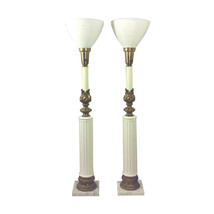 Hollywood Regency White Ceramic and Marble Neo-Classical Table Lamps-A Pair - £599.51 GBP