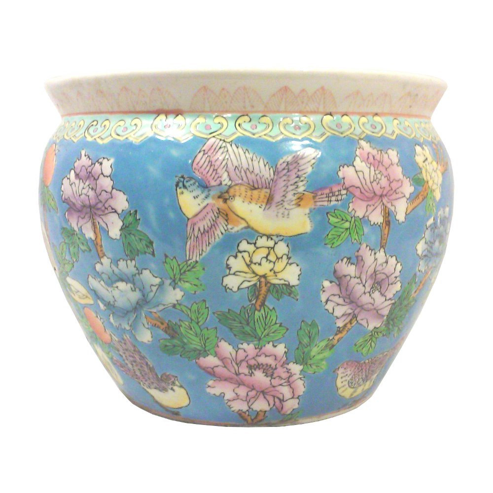 Primary image for Large Chinese Blue Fish Bowl Planter with Peonies and Koi Fish Decoration
