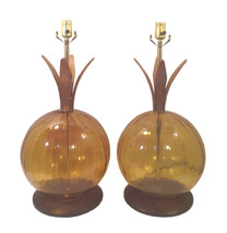 Vintage Mid-Century Danish Amber and Teak Table Lamps-A Pair - £312.42 GBP