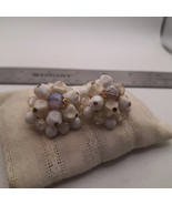 Vintage Germany White Blue Bead Cluster Clip on Button Earrings  - $13.50