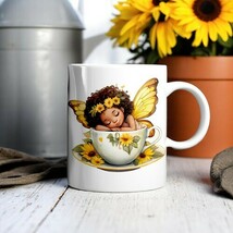 Sleeping Sunflower Fairy Mug – Black Fairy in Teacup | 11oz &amp; 15oz Sizes - $15.83+