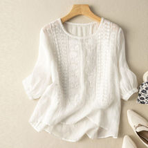 Tops Tees T-Shirt Pullover Tunic Blouse Floral Crochet 3/4 Sleeve White - £7.04 GBP