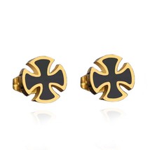 Gold Black Cross Ear Stud Earrings Men&#39;s Punk Retro Rock Jewelry Stainless Steel - £7.90 GBP