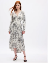 New GAP Women Gray Ivory Floral Smocked Long Sleeve V-neck Maxi Dress Sz S M - £35.88 GBP