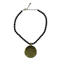 Black Beaded Gold Tone Medallion Large Nicklace 20 Inch - £14.96 GBP