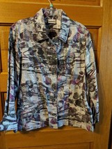 CHICO&#39;S Purple Silver Gray Button Jacket Size 2 Shiny Long Sleeved - $15.18