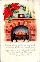 New Year Embossed Poinsettia Fireplace Mantle Candle Posted Antique Postcard - £5.89 GBP
