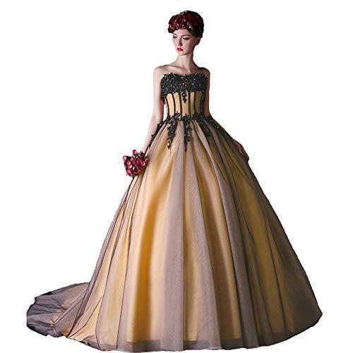 Kivary Vintage Black Tulle Beaded Lace Long Formal Gothic Prom Wedding Dress Gol