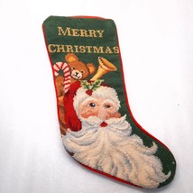 Handmade Stocking Merry Christmas Santa Needlepoint embroidery green ted... - $20.00