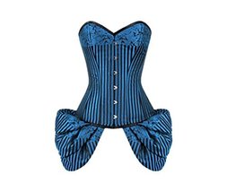 Blue Black Brocade Side Flounce Gothic Burlesque Halloween Corset Overbust Dress - £47.09 GBP