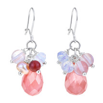 Sweet Watermelon Cluster of Quartz and Crystals Sterling Silver Dangle Earrings - £15.65 GBP