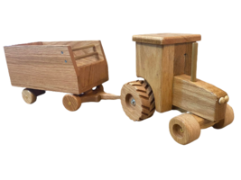 Large Oak Cab Tractor &amp; Forage Wagon - Amish Handmade Wooden Farm Toy - £159.91 GBP
