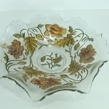 Antique Goofus Clear Glass Ruffled Edge Bowl 11” Gold Leaf And Red Flowers Dish - $69.29