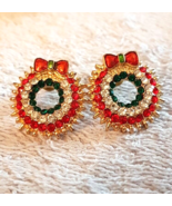 Red Green Crystal Rhinestone Wreath Pierced Earrings Nickel Free Holiday... - $338.14 MXN