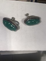 Vintage Mexico Silver Jade Aztec  Mask Screw Back Earrings Green - £19.72 GBP