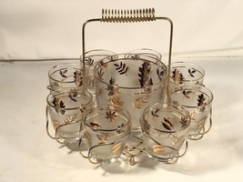 Vintage Libbey Golden Foliage Glasses &amp; Caddy w Ice Bucket 8 Glasses Mad... - $148.49
