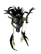 Metallic Tribal Skull Demon Deer with Feathers Adult Halloween Mask, Silver - £51.39 GBP