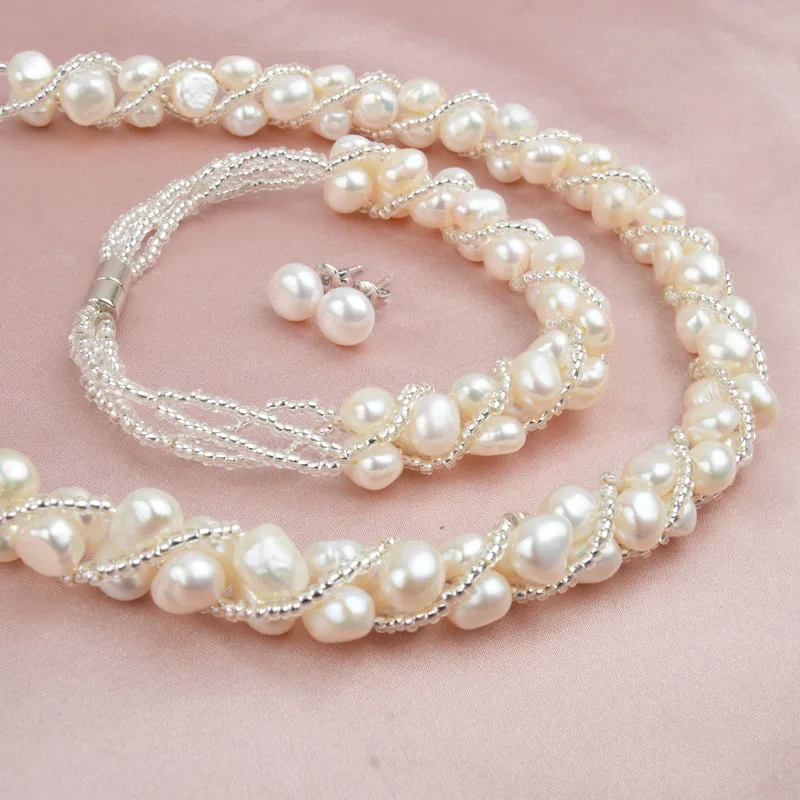 Natural Freshwater Pearl Jewelry Sets &amp; More Hand-knitted Necklace Bracelet 925  - £31.43 GBP