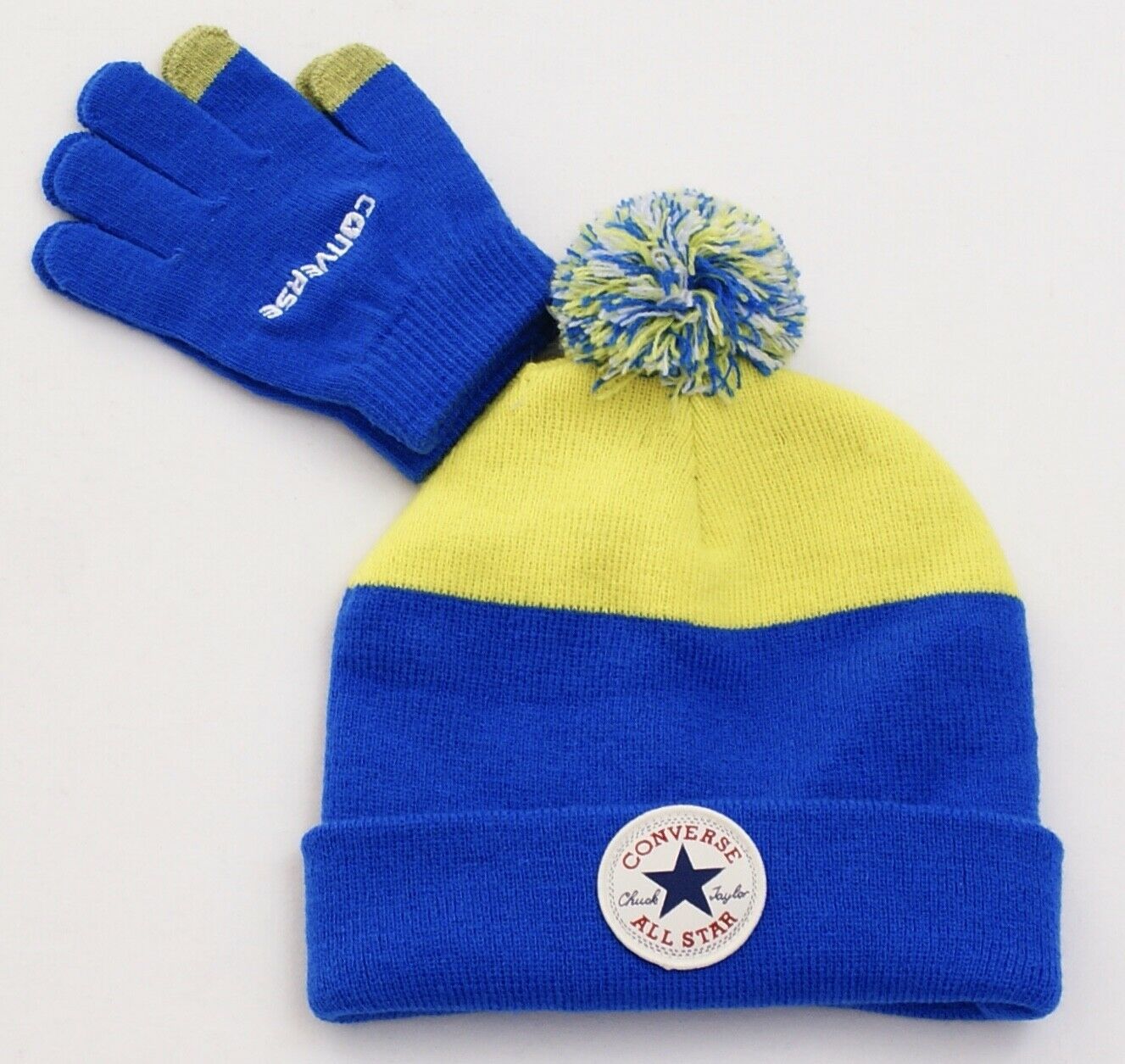 Converse Blue & Yellow Knit Cuff Beanie & Stretch Gloves Youth Boy's 4-7 NEW - $22.27