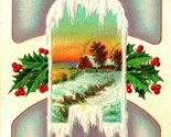 Winter Cabin Scene Icicle Frame Holly Unused Embossed 1910s Christmas Po... - $7.87