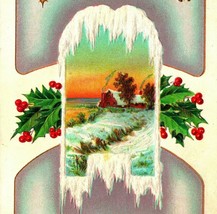 Winter Cabin Scene Icicle Frame Holly Unused Embossed 1910s Christmas Postcard - £6.15 GBP