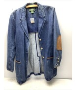 ORVIS Denim Jean Jacket Blazer 12 Blue Leather Trim , Elbow Patches - $48.58 CAD