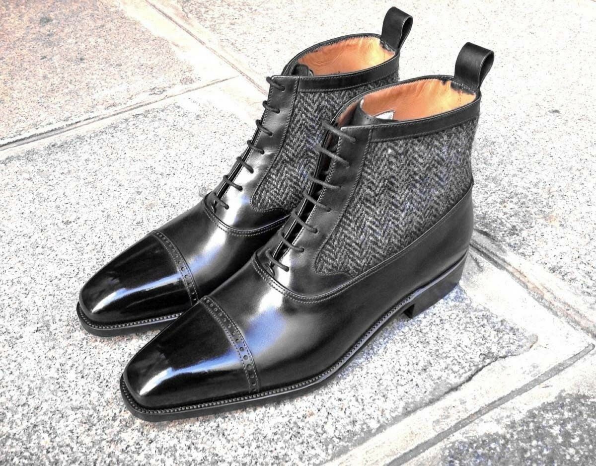 Men's Black Color Genuine Leather High Ankle Tweed Rounded Cap Toe Boots US 7-16