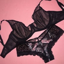 Victoria&#39;s Secret unlined 34D BRA SET panty BLACK FISHNET lace Pink Orch... - £63.22 GBP