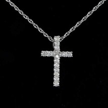 0.12Ct Real Moissanite 14K White Gold Plated Small Cross Pendant 18&quot; Necklace - £37.22 GBP