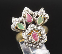 925 Silver - Vintage Gold Plated Ruby Emerald &amp; Topaz Paw Ring Sz 9 - RG... - $63.69